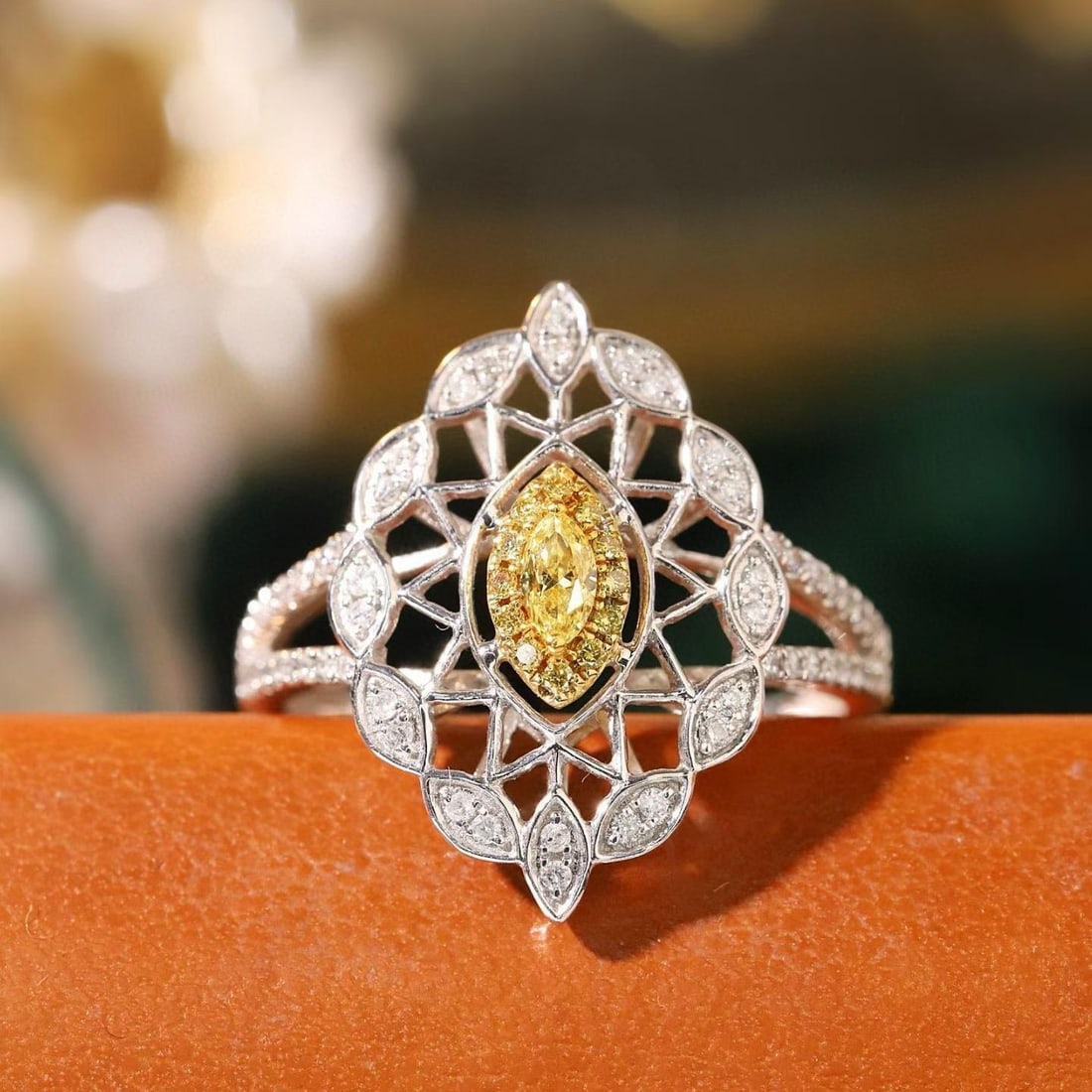 14k Gold 0.50 Ctw Natural Yellow Diamond & Diamond Ring: Ref:231189149 // gold content:14k gold // ring size:7. 25us // // main gemstone:yellow diamond // shape:marquise // carat weight:0. 10ct // color:yellow // treatment:natural // // adjacent gemstone 2