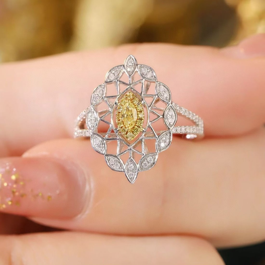 14k Gold 0.50 Ctw Natural Yellow Diamond & Diamond Ring - 5