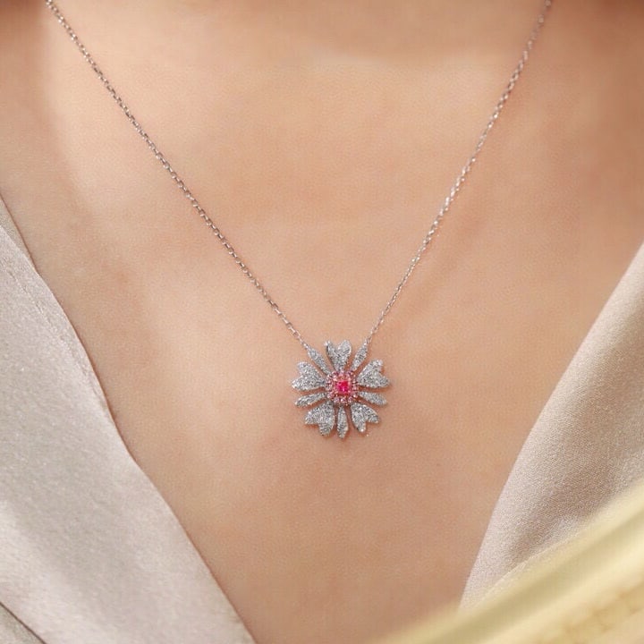 14k Gold 0.45 Ctw Natural Pink Diamond & Diamond & Flowers Necklace - 3