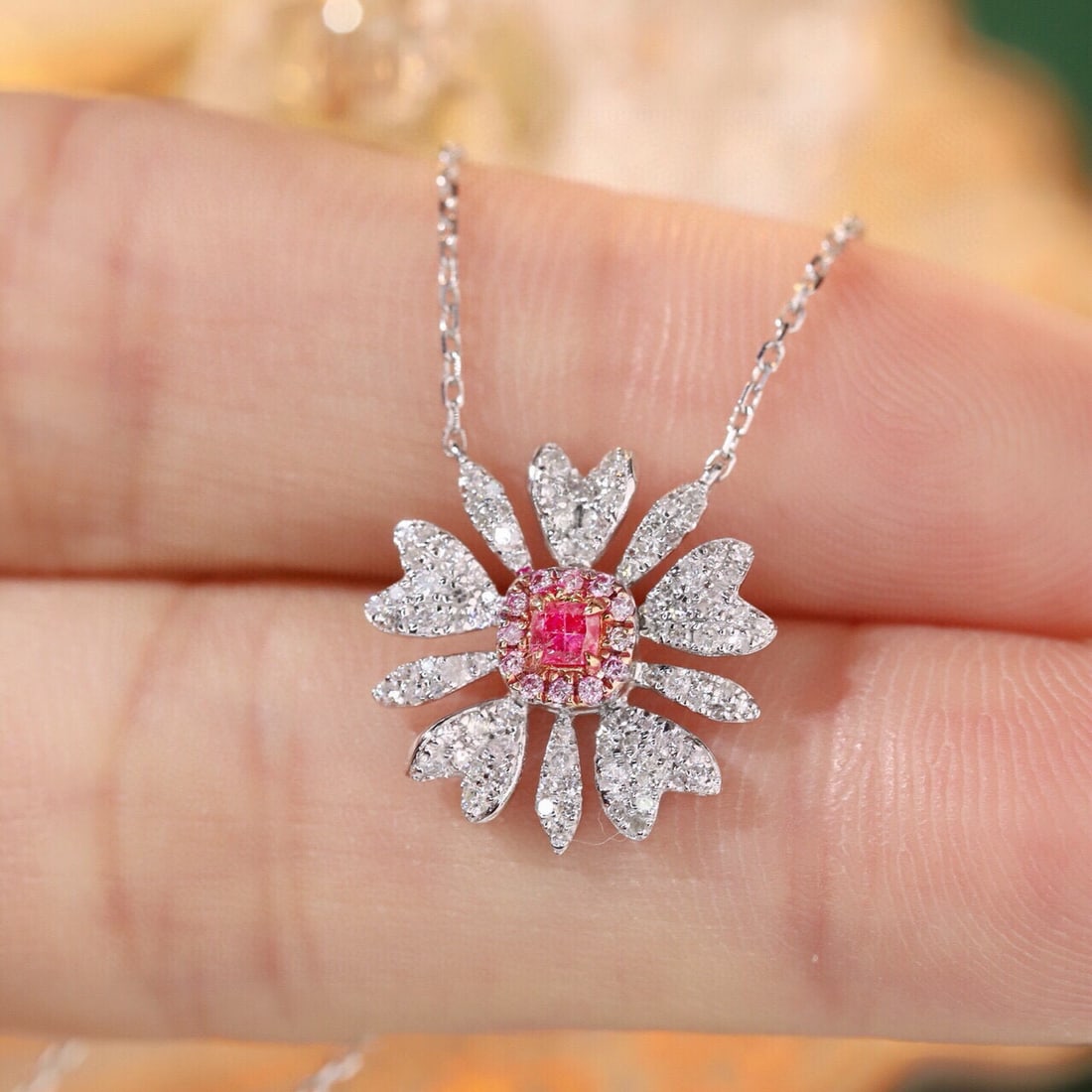 14k Gold 0.45 Ctw Natural Pink Diamond & Diamond & Flowers Necklace - 8
