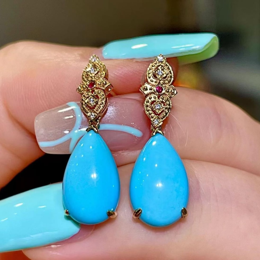 14k Gold 5.68 Ct Natural Blue Turquoise & Diamond & Ruby Earrings: Ref:231189163 // gold content:14k gold // main gemstone:blue turquoise // shape:pear // carat weight:5. 68ct // color:blue // treatment:natural // // adjacent gemstone 2 : diamond // shape:round //