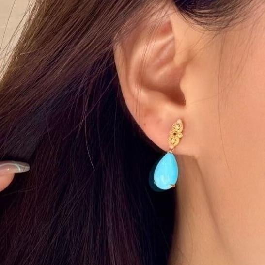 14k Gold 5.68 Ct Natural Blue Turquoise & Diamond & Ruby Earrings - 2