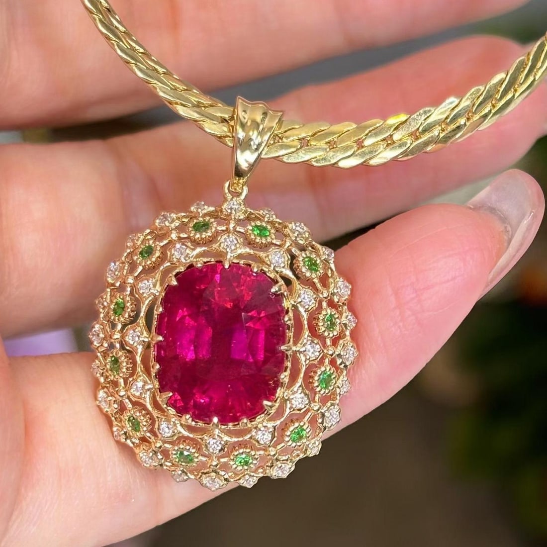 14k Gold 7 Ct Natural Tourmaline & Diamond & Tsavorite Pendant( Without Chain ): Ref:231189167 // gold content:14k gold // main gemstone:tourmaline // shape:cushion // carat weight:7ct // color:red // treatment:natural // // adjacent gemstone 2 : diamond // shape:round // clarity