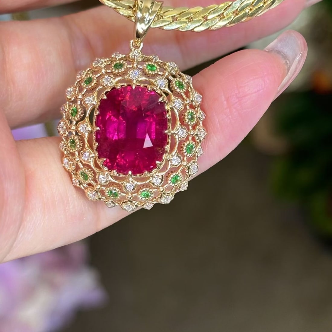 14k Gold 7 Ct Natural Tourmaline & Diamond & Tsavorite Pendant( Without Chain ) - 2