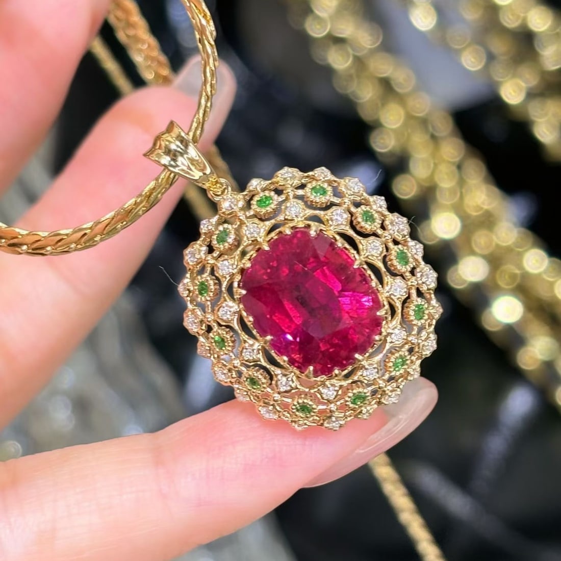 14k Gold 7 Ct Natural Tourmaline & Diamond & Tsavorite Pendant( Without Chain ) - 3