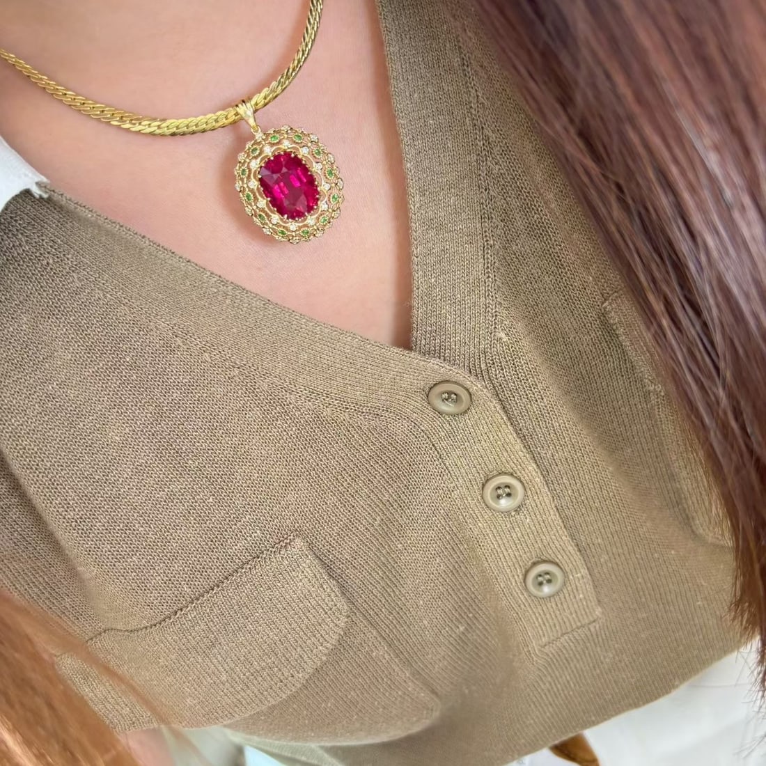 14k Gold 7 Ct Natural Tourmaline & Diamond & Tsavorite Pendant( Without Chain ) - 4
