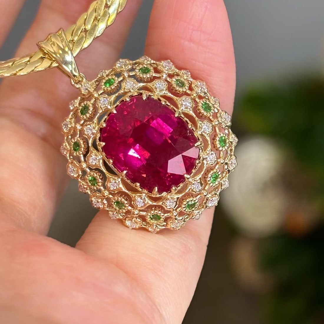 14k Gold 7 Ct Natural Tourmaline & Diamond & Tsavorite Pendant( Without Chain ) - 5