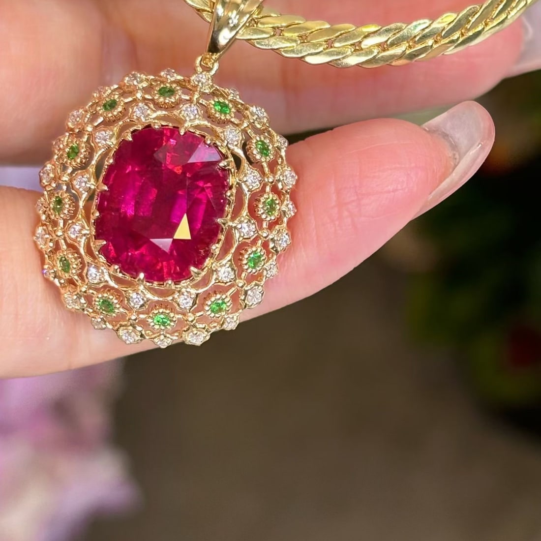 14k Gold 7 Ct Natural Tourmaline & Diamond & Tsavorite Pendant( Without Chain ) - 6