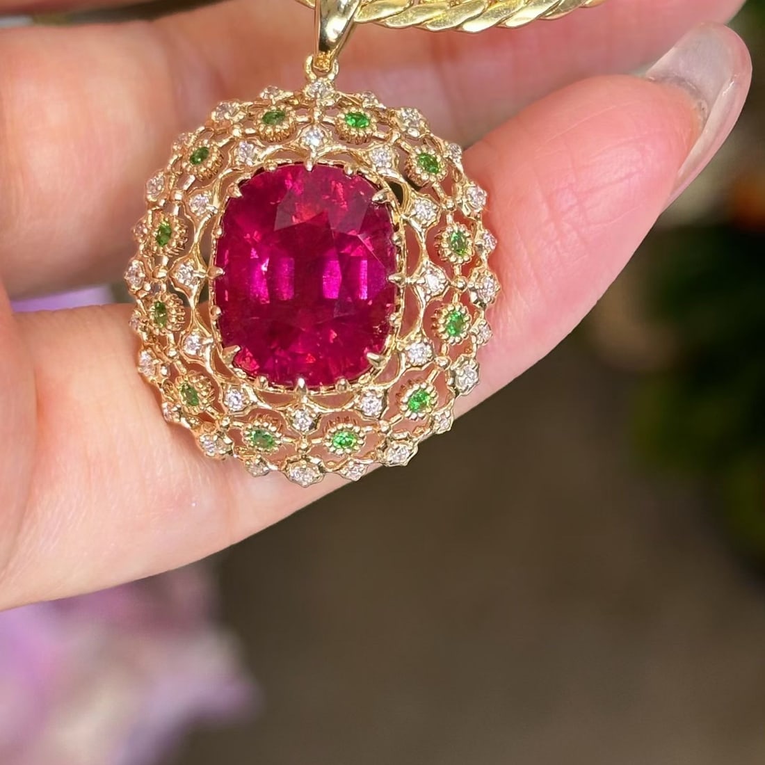 14k Gold 7 Ct Natural Tourmaline & Diamond & Tsavorite Pendant( Without Chain ) - 7