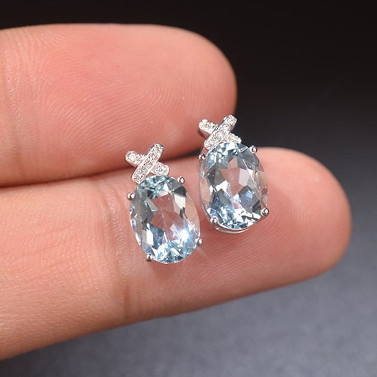 14k Gold 3.69 Ctw Natural Aquamarine & Diamond Earrings - 5