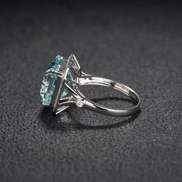 14k Gold 7.36 Ct Natural Aquamarine & Diamond Ring - 6