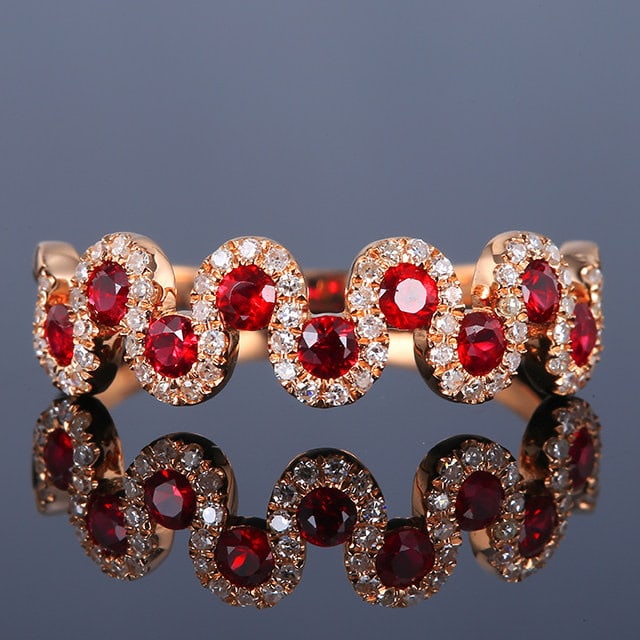 14k Gold 0.74 Ctw Natural Ruby & Diamond Ring: Ref:231189181 // gold content:14k gold // ring size:7. 25us // // main gemstone:ruby // shape:round // carat weight:0. 55ct // color:red // treatment:natural // cut grade:g // // adjacent gemstone 2