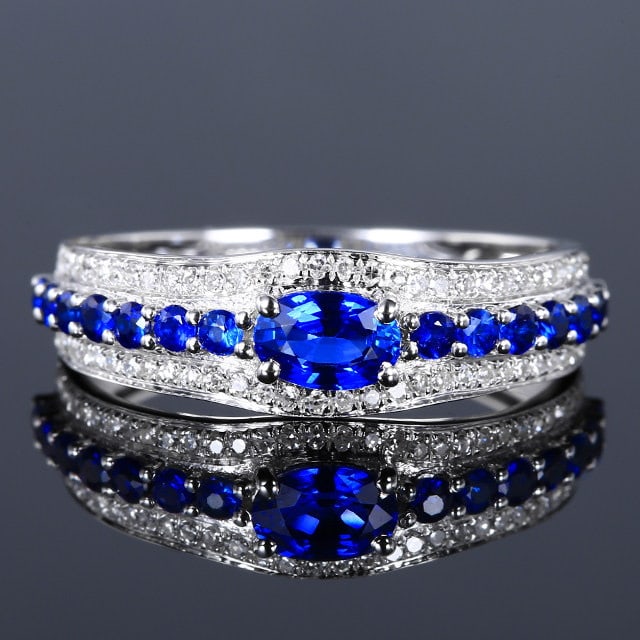 14k Gold 0.59 Ctw Natural Sapphire & Sapphire Ring: Ref:231189183 // gold content:14k gold // ring size:7. 25us // // main gemstone:sapphire // shape:oval // carat weight:0. 42ct // color:blue // treatment:natural // // adjacent gemstone 2 : sapphire