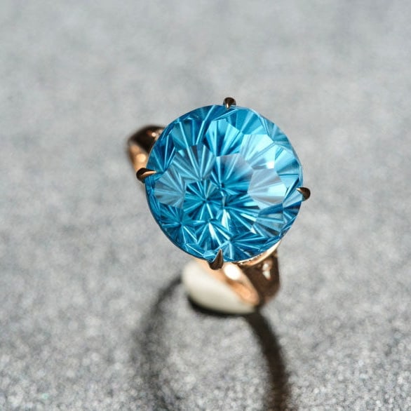 14k Gold 13.85 Ct Natural Topaz & Diamond Ring: Ref:231189203 // gold content:14k gold // ring size:7. 25us // // main gemstone:topaz // shape:round // carat weight:13. 85ct // color:blue // treatment:natural // cut grade:g // // adjacent gemstone 