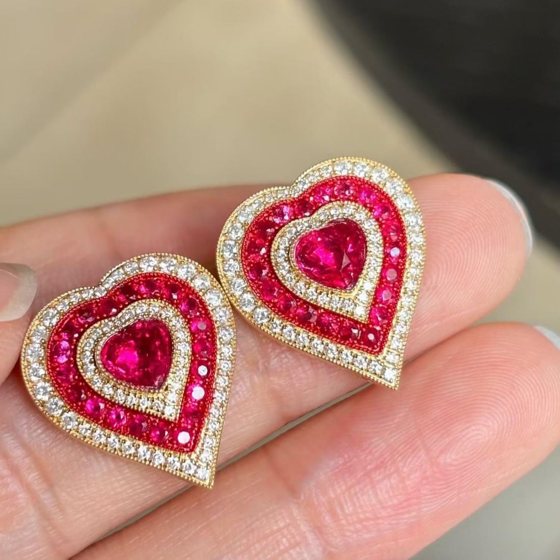 14k Gold 2.08 Ctw Natural Ruby & Diamond Earrings: Ref:231189230 // gold content:14k gold // main gemstone:ruby // shape:heart // carat weight:1. 28ct // color:red // treatment:natural // // adjacent gemstone 2 : diamond // shape:round // carat weight
