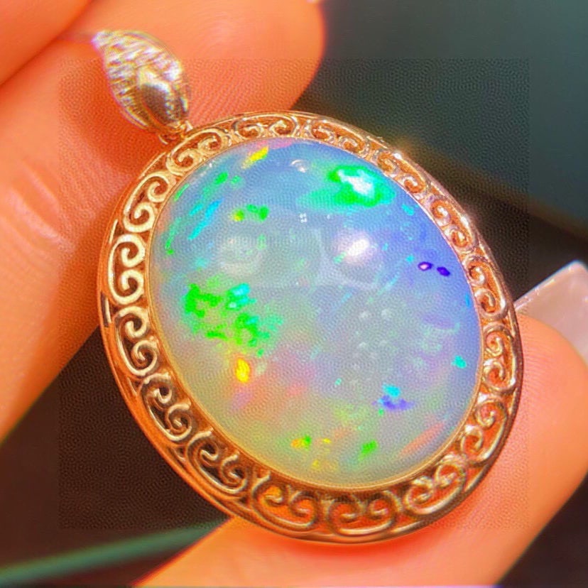 14k Gold 14.23 Ct Natural Opal & Diamond Pendant( Without Chain ) - 4