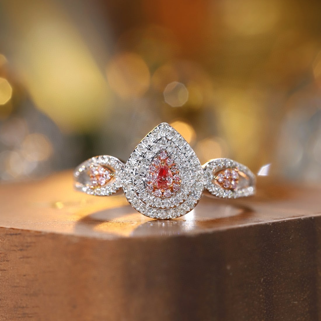 14k Gold 0.45 Ctw Natural Pink Diamond & Diamond Ring: Ref:231189245 // gold content:14k gold // ring size:7. 25us // // main gemstone:pink diamond // shape:pear // carat weight:0. 07ct // color:pink // treatment:natural // // adjacent gemstone 2 : diamon