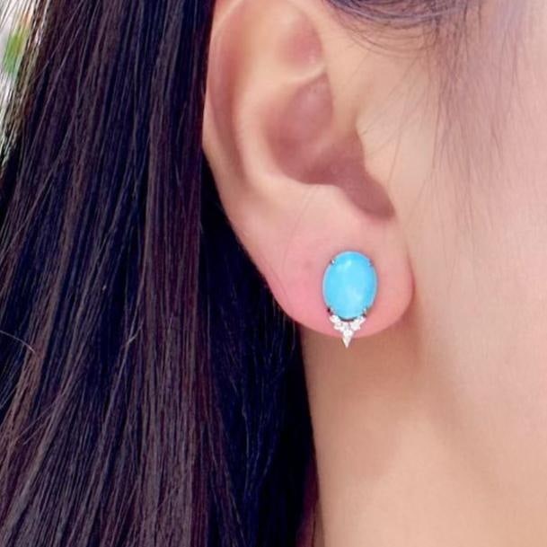 14k Gold 4.59 Ctw Natural Blue Turquoise & Diamond Earrings - 4