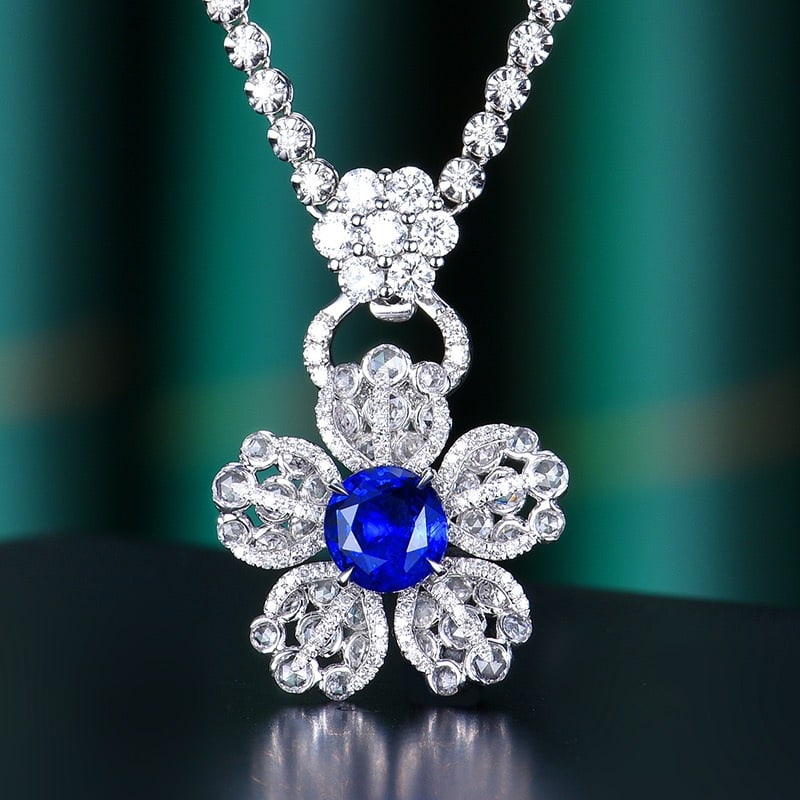 14k Gold 2.15 Ctw Natural Sapphire & Diamond & Flowers Ring/pendant( Without Chain ) - 5
