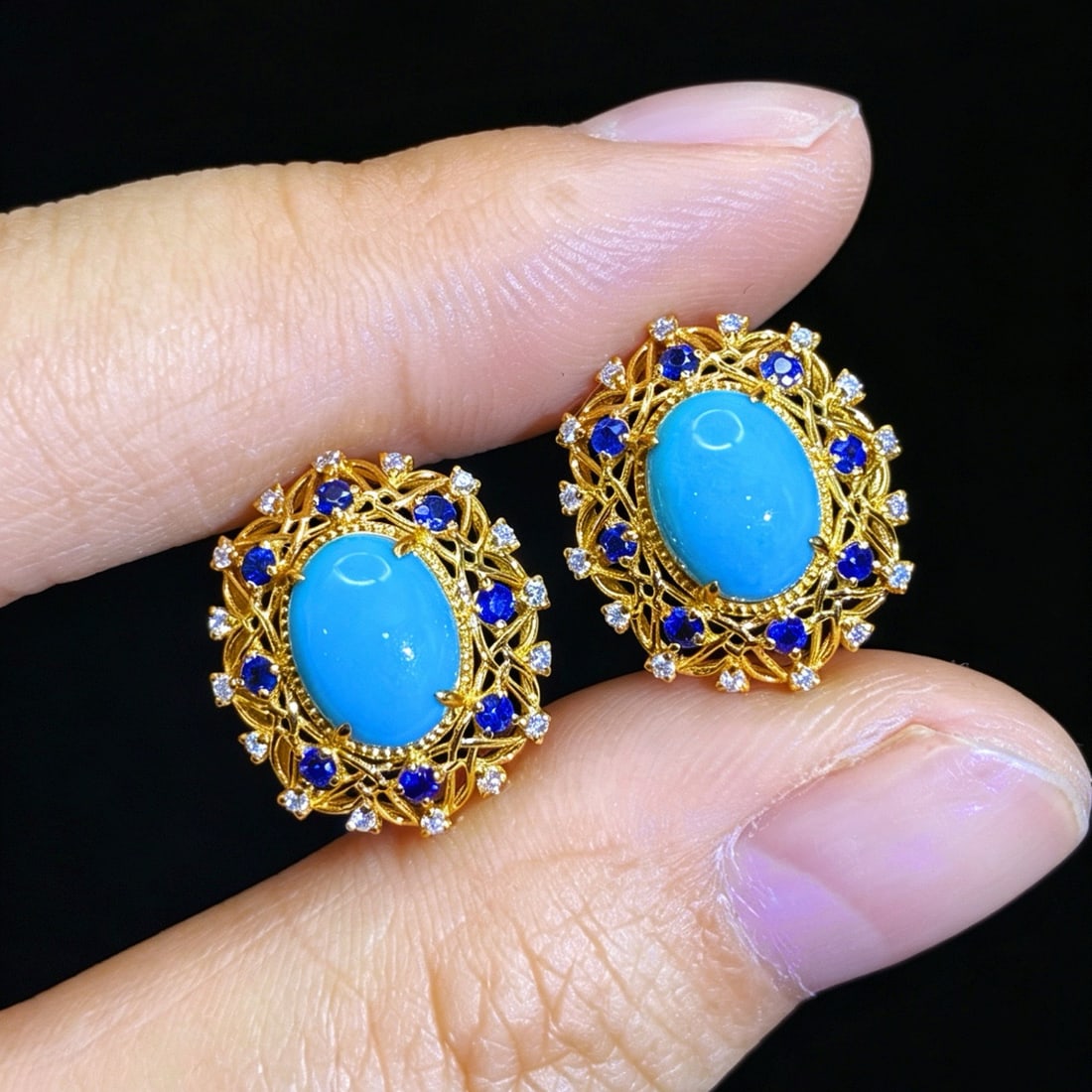 14k Gold 2.64 Ctw Natural Blue Turquoise & Diamond Earrings - 4