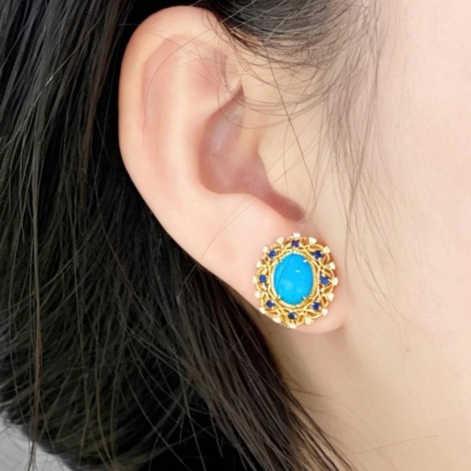 14k Gold 2.64 Ctw Natural Blue Turquoise & Diamond Earrings - 6