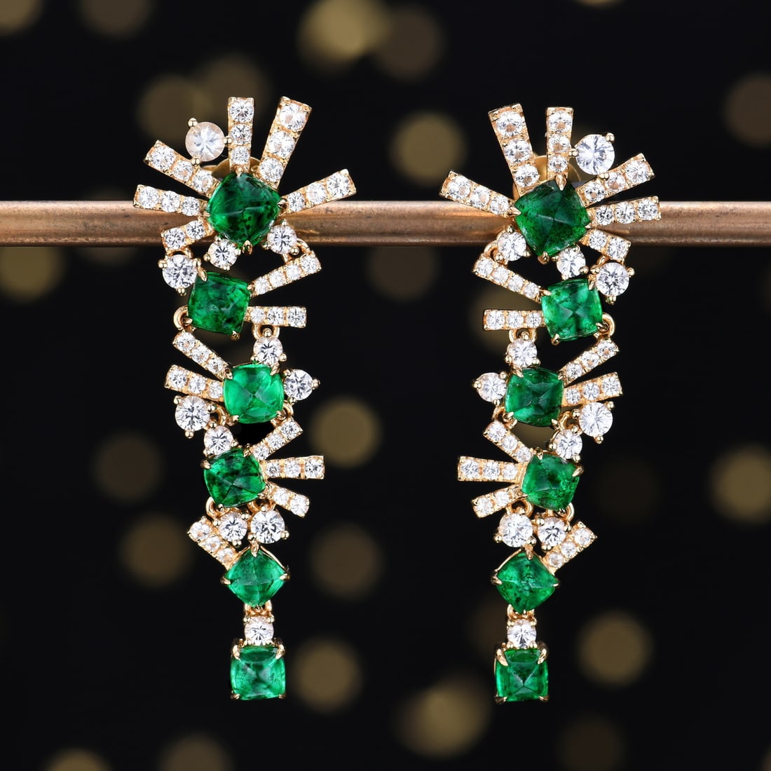 14k Gold 5.20 Ctw Vivid Green Natural Emerald & Sapphire Earrings: Ref:231190026 // gold content:14k gold // main gemstone:emerald // shape:sugar-loaf // carat weight:3. 32ct // color:vivid green // treatment:natural // // adjacent gemstone 2 : sapphire // number of 