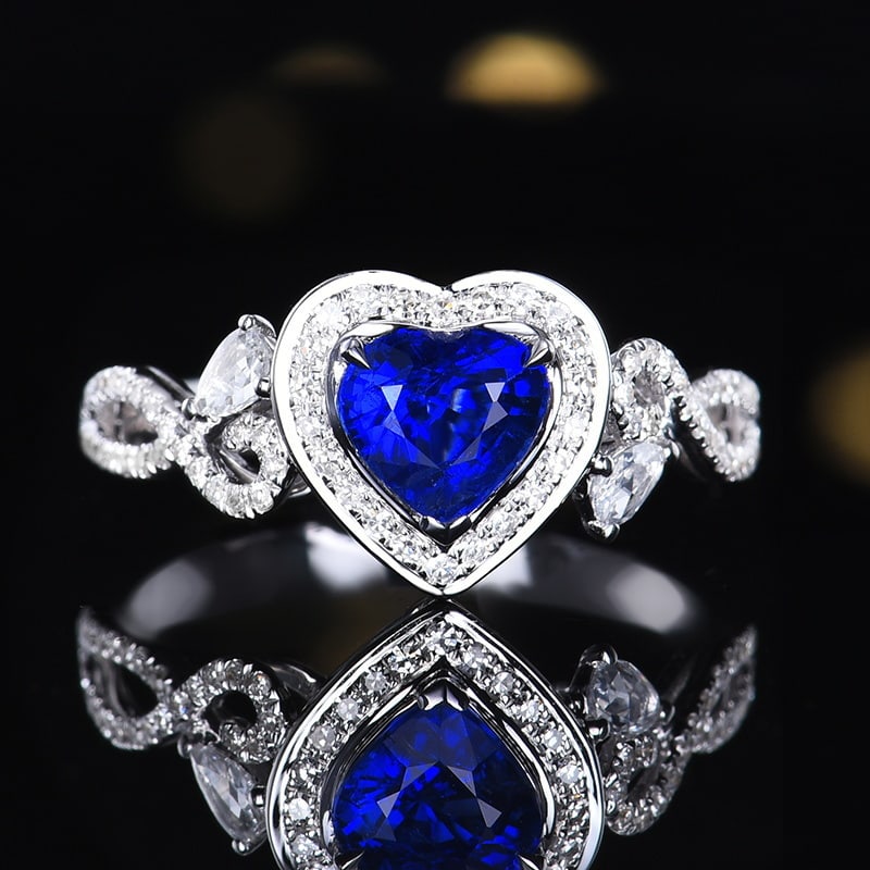 14k Gold 1.37 Ctw Natural Sapphire & Diamond Ring: Ref:231190029 // gold content:14k gold // ring size:7. 25us // // main gemstone:sapphire // shape:heart // carat weight:1. 08ct // color:royal blue // treatment:natural // // adjacent gemstone 2 :