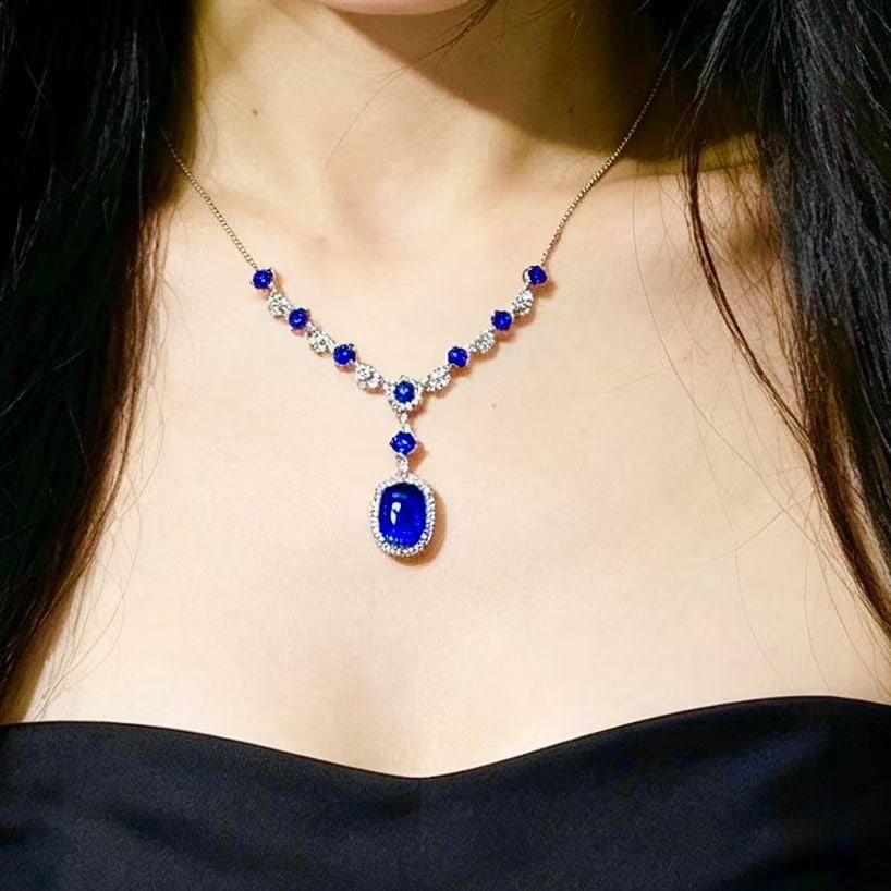 14k Gold 5.6 Ct Natural Sapphire & Diamond Necklace - 5