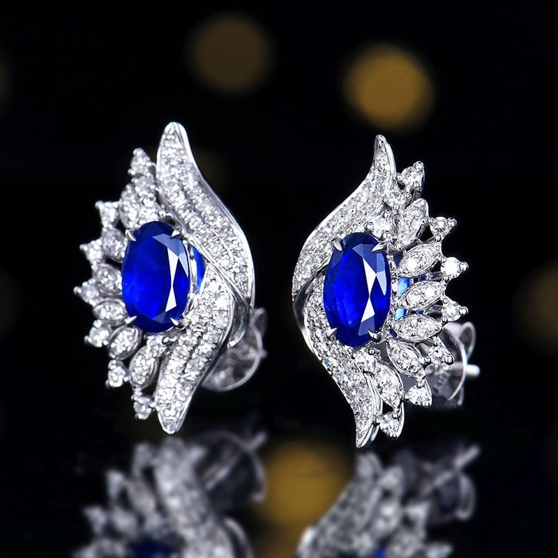 14k Gold 1.10 Ctw Vivid Blue Natural Sapphire & Diamond Earrings - 2