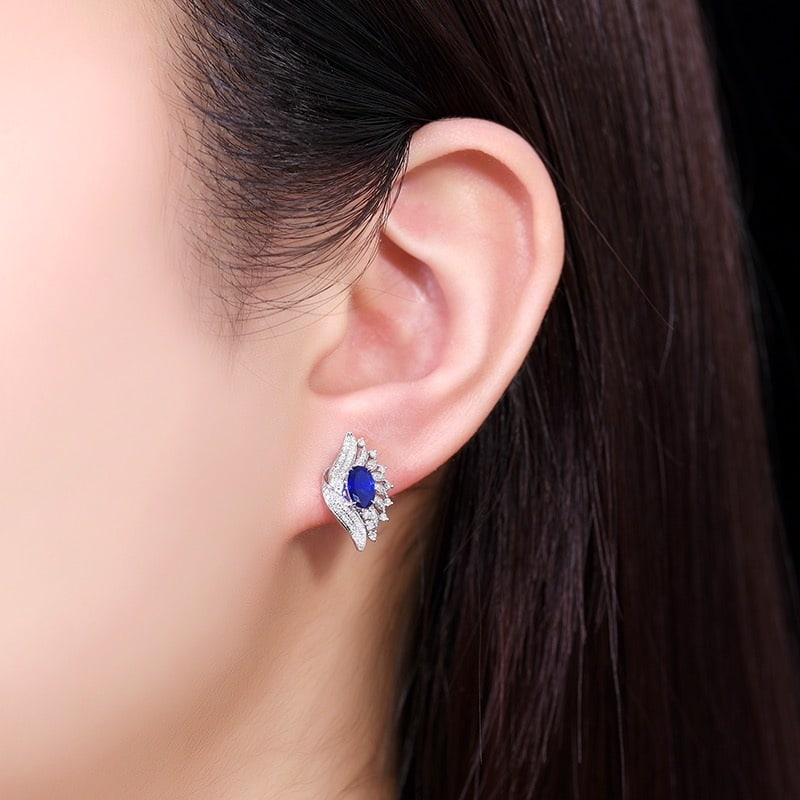 14k Gold 1.10 Ctw Vivid Blue Natural Sapphire & Diamond Earrings - 6