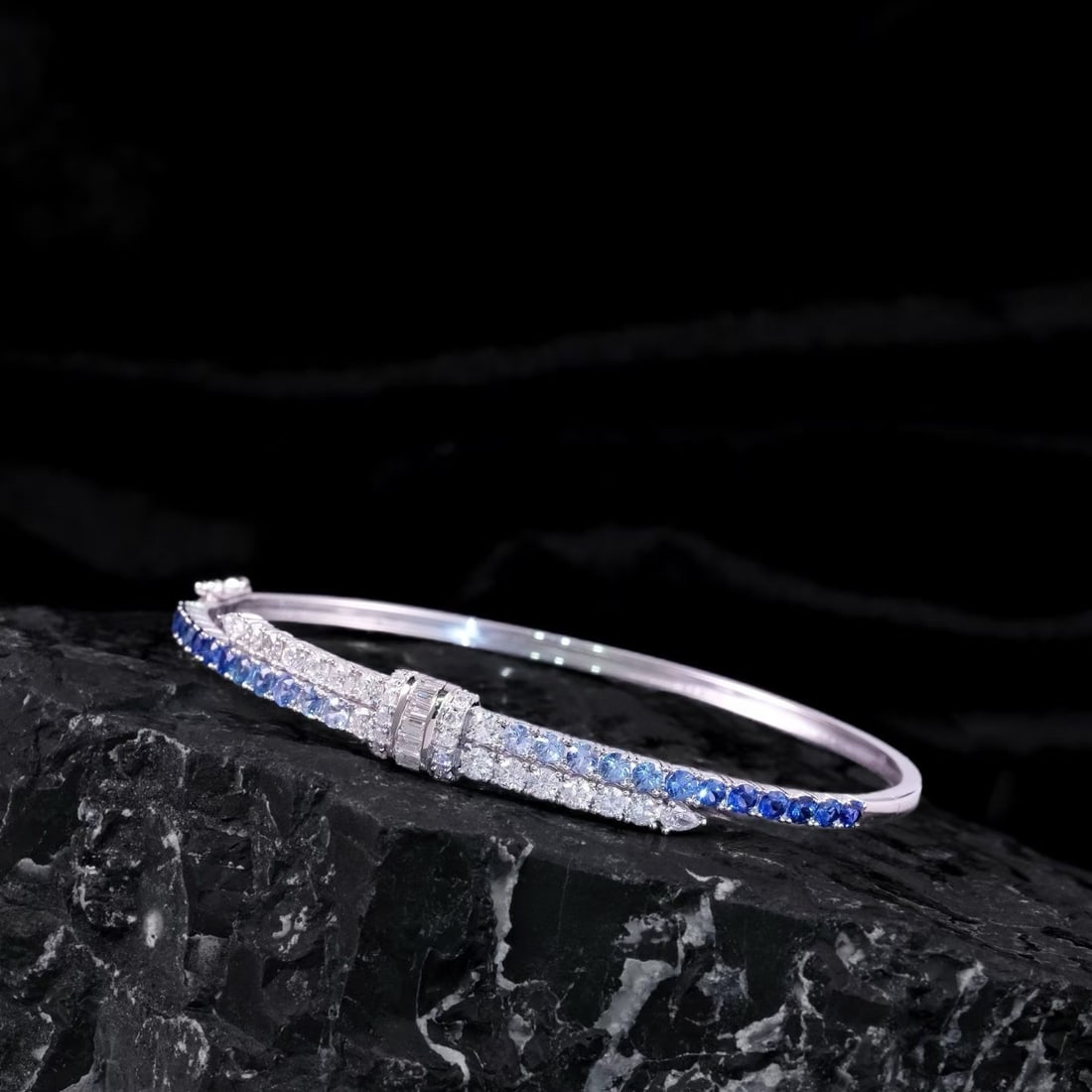 14k Gold 3.25 Ctw Natural Sapphire & Diamond Bangle - 2