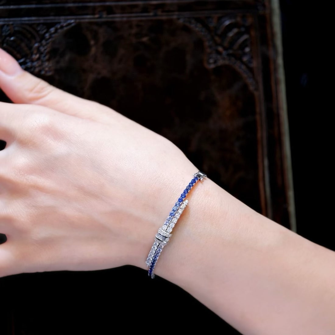 14k Gold 3.25 Ctw Natural Sapphire & Diamond Bangle - 5