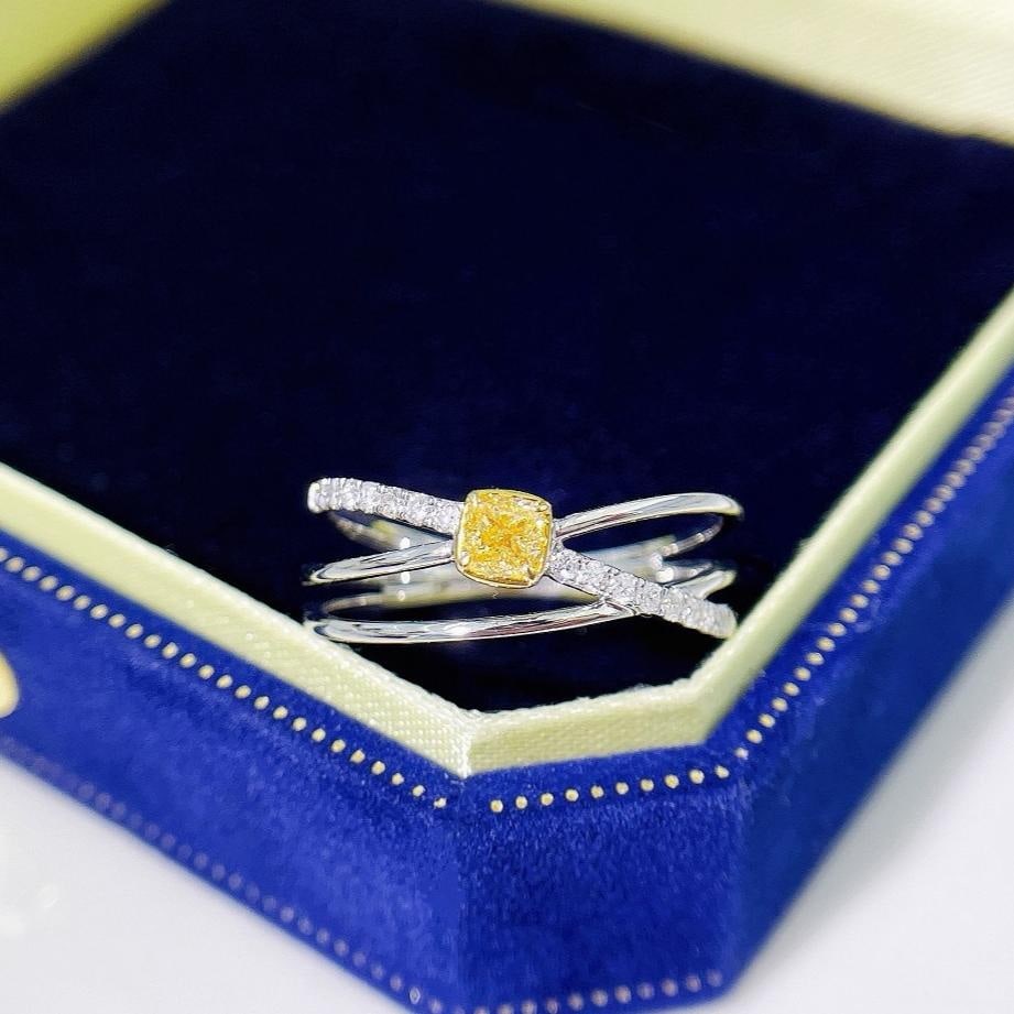 14k Gold 0.32 Ctw Natural Yellow Diamond & Diamond Ring: Ref:231190046 // gold content:14k gold // ring size:7. 25us // // main gemstone:yellow diamond // shape:cushion // carat weight:0. 21ct // color:yellow // treatment:natural // // adjacent gemstone 2