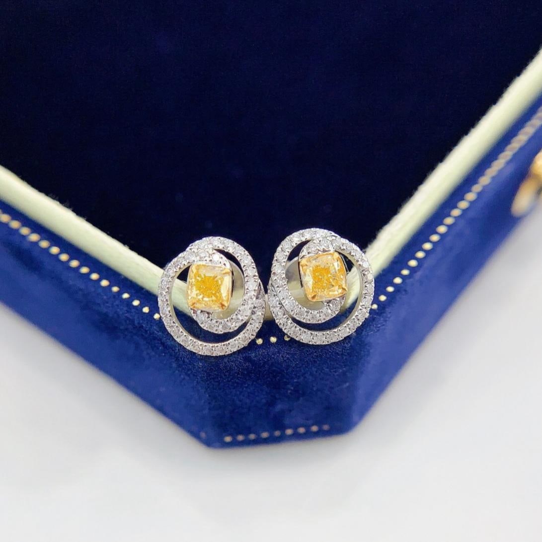 14k Gold 0.52 Ctw Natural Yellow Diamond & Diamond Earrings: Ref:231190047 // gold content:14k gold // main gemstone:yellow diamond // shape:cushion // carat weight:0. 34ct // color:yellow // treatment:natural // // adjacent gemstone 2 : diamond // shape:round 