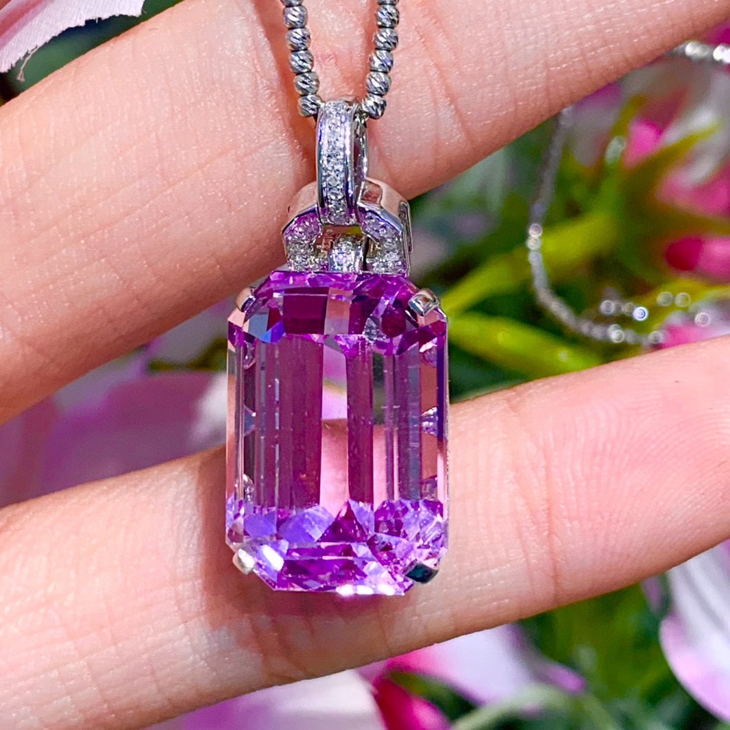 14k Gold 22 Ct Natural Kunzite & Diamond Pendant( Without Chain ) - 6