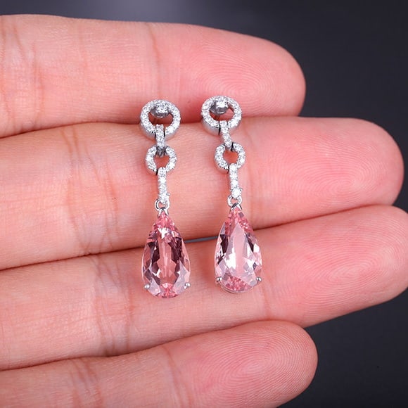 14k Gold 5.17 Ctw Natural Morganite & Diamond Earrings - 7