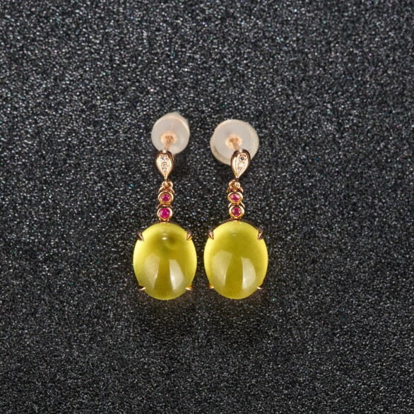 14k Gold 9.63 Ct Natural Prehnite & Ruby & Diamond Earrings - 7