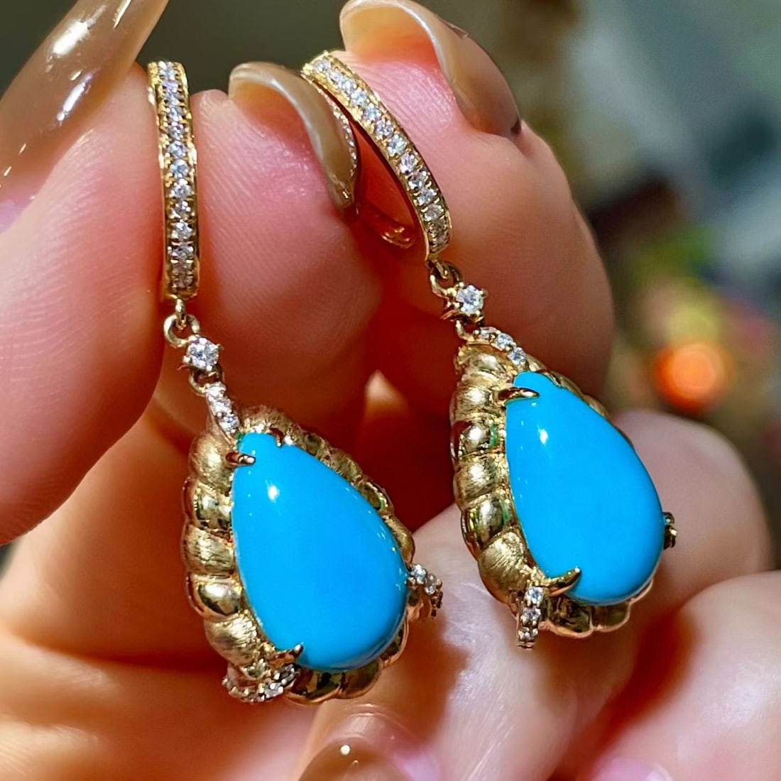 14k Gold 5.63 Ctw Natural Blue Turquoise & Diamond Earrings - 2