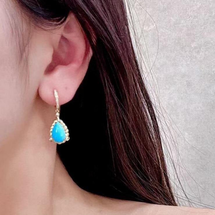 14k Gold 5.63 Ctw Natural Blue Turquoise & Diamond Earrings - 4