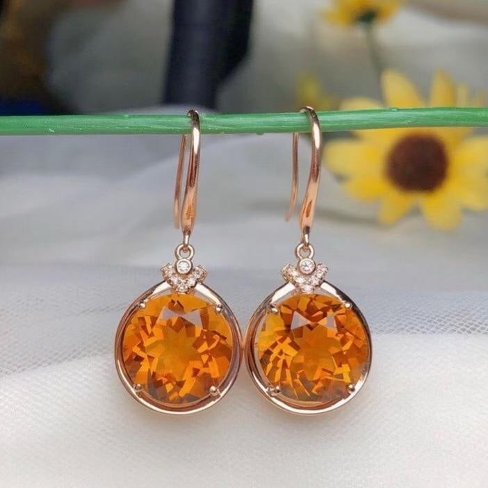 14k Gold 10.35 Ct Natural Citrine & Diamond Earrings: Ref:231190067 // gold content:14k gold // main gemstone:citrine // shape:round // carat weight:10. 35ct // color:yellow // treatment:natural // cut grade:g // // adjacent gemstone 2 : diamond // numbe