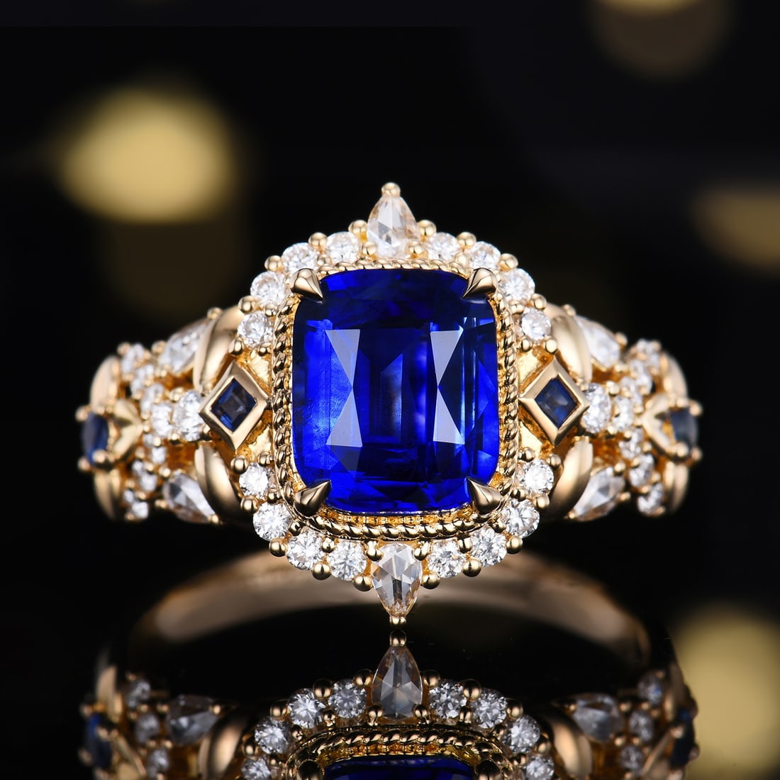 14k Gold 2.64 Ctw Natural Sapphire & Diamond Ring: Ref:231190073 // gold content:14k gold // ring size:7. 25us // // main gemstone:sapphire // shape:cushion // carat weight:2. 2ct // color:royal blue // treatment:natural // // adjacent gemstone 2 :