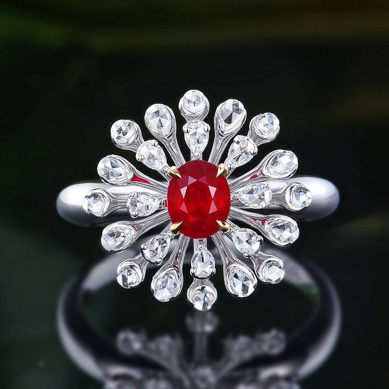 14k Gold 1.03 Ctw Natural Ruby & Diamond Ring: Ref:231190081 // gold content:14k gold // ring size:7. 25us // // main gemstone:ruby // shape:oval // carat weight:0. 64ct // color:red // treatment:natural // // adjacent gemstone 2 : diamond //