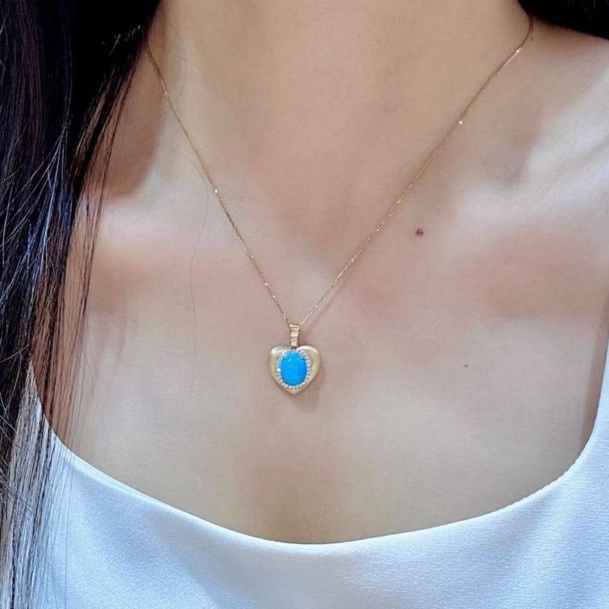 14k Gold 2.70 Ctw Natural Blue Turquoise & Diamond Pendant( Without Chain ) - 4