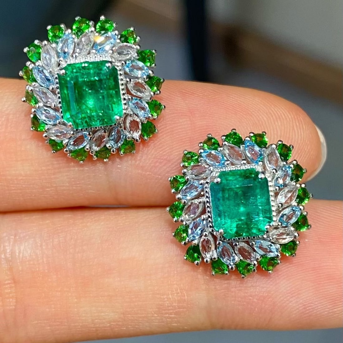 14k Gold 2.85 Ct Natural Emerald & Diamond & Sapphire & Tsavorite Earrings - 5