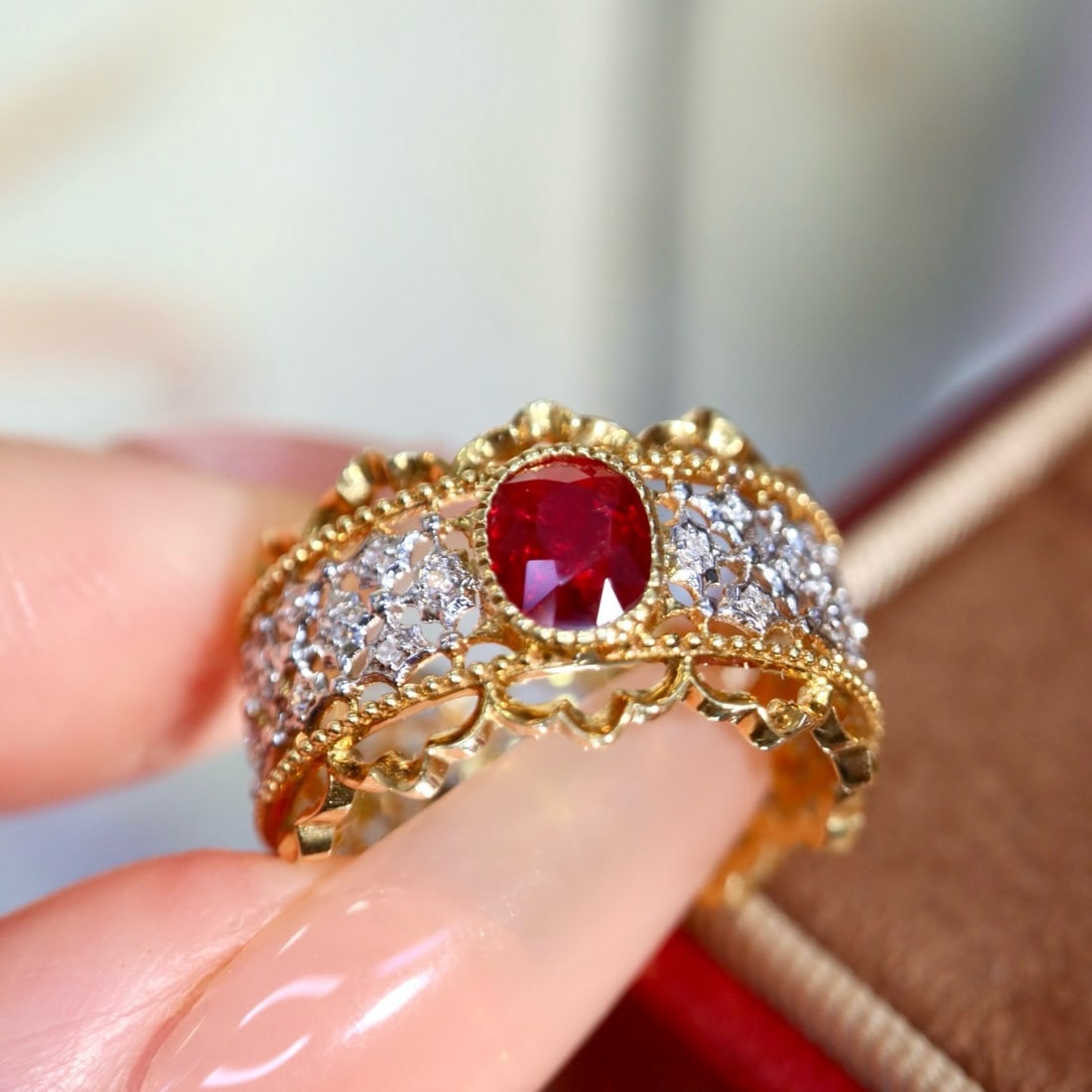 14k Gold 0.84 Ctw Natural Ruby & Diamond Ring - 8