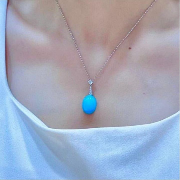 14k Gold 10.11 Ctw Natural Blue Turquoise & Diamond Necklace - 4