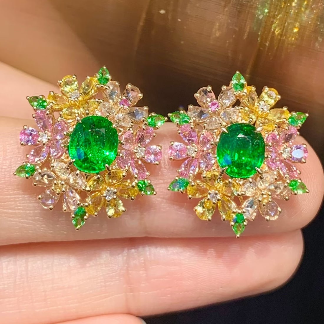 14k Gold 2.8 Ct Natural Tsavorite & Diamond & Coloured Gemstone Earrings - 2