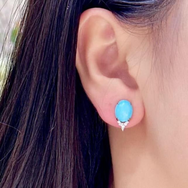 14k Gold 4.59 Ctw Natural Blue Turquoise & Diamond Earrings - 4
