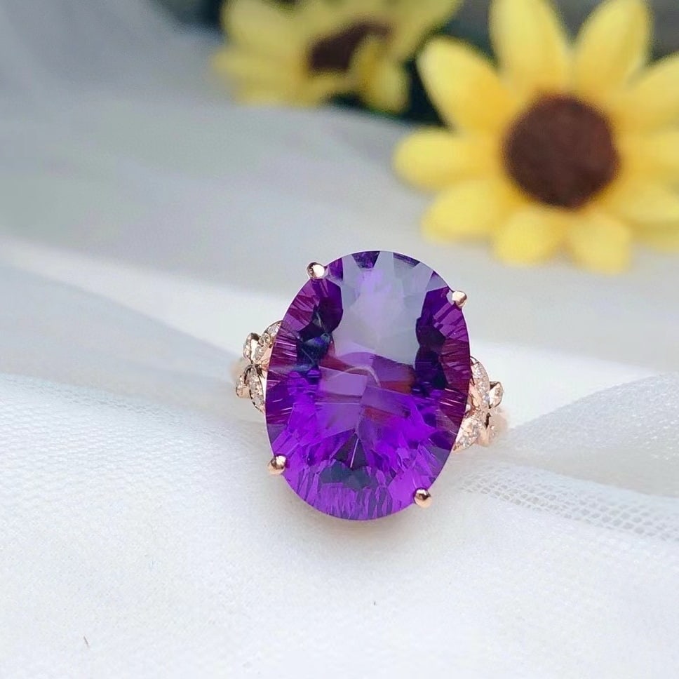 14k Gold 10.0 Ct Natural Amethyst & Diamond Ring - 2