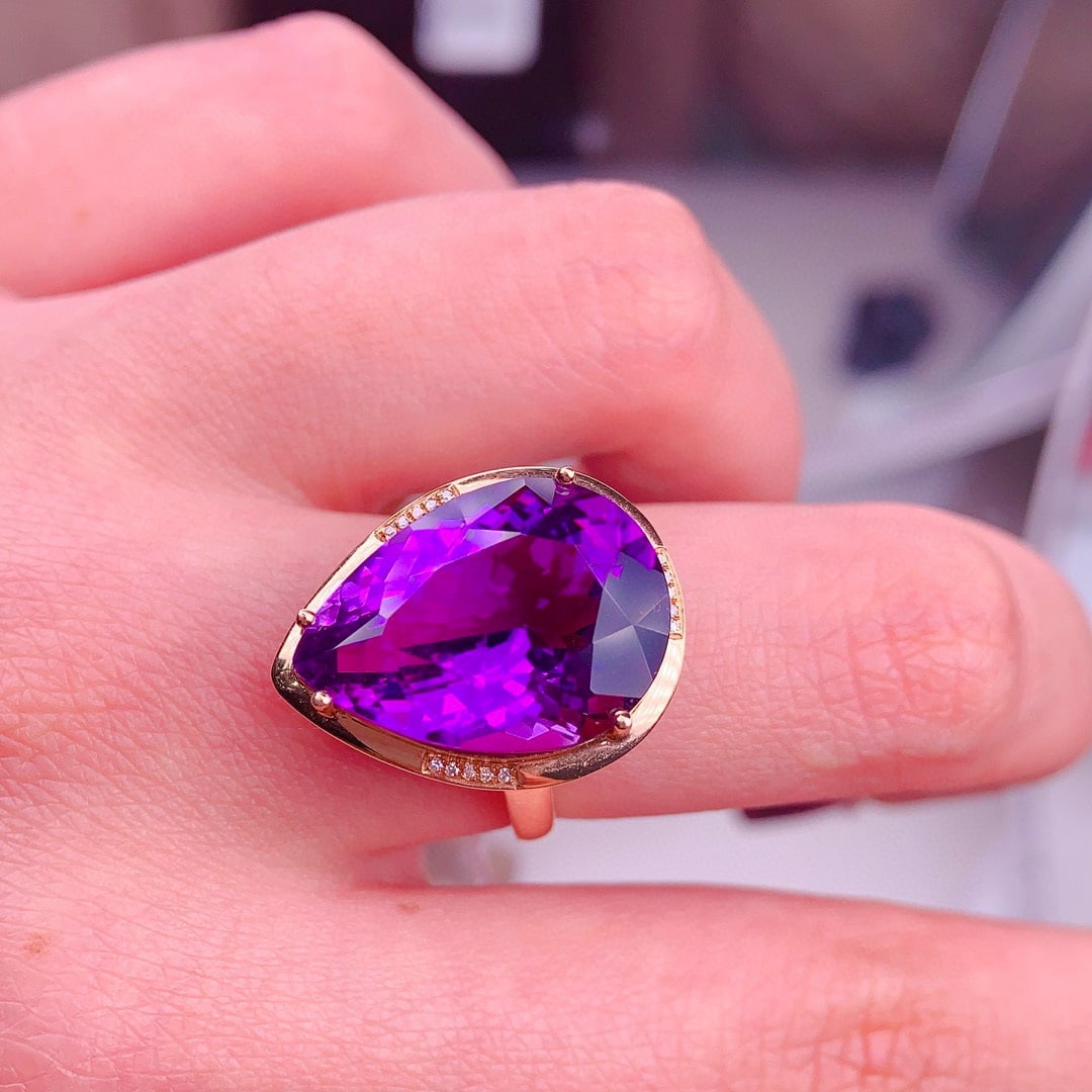 14k Gold 13.5 Ct Natural Amethyst & Diamond Ring - 5